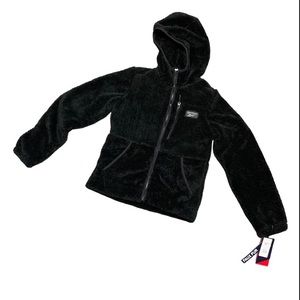 Reebok Zip Front Black Faux Fur Hooded Jacket Soft Fleece Texture.  Sz S.  NWT!